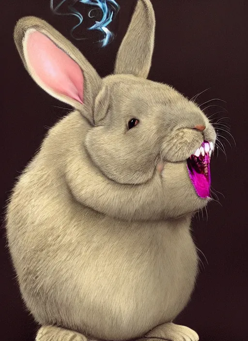 Image similar to hyper realistic, portrait of a derpy big chungus, with bunny rabbit ears, very fuzzy, furry, smoking weed, big smile, buck teeth, bright balanced lighting, by greg rutkowski, scott m fischer, artgerm, loish, slight glow, atmospheric, anne stokes, alexandros pyromallis, 4 k, 8 k