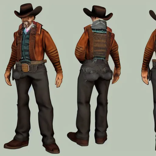 Image similar to model sheet of a wild west outlaw in a ps2 jrpg, 3d render