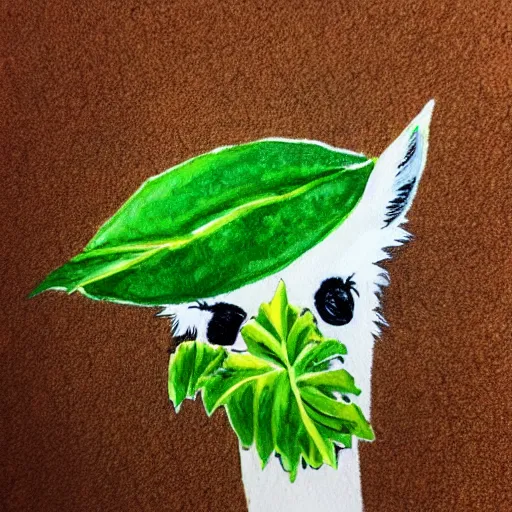 Prompt: copic paint of a alpaca face on a green leaf