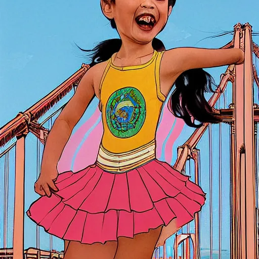 Image similar to a chinese caucasian mixed race hapa five - year - old girl, dressed as a ballerina, balancing on the golden gate bridge, smiling into the camera, portrait, wide shot, sunset illustration, pop art, splash painting, art by geof darrow, ashley wood, alphonse mucha