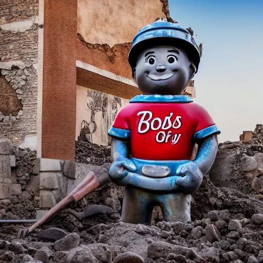 Prompt: a Bobs Big Boy mascot statue being excavated from the ruins of Pompeii, ultra detailed, 8k resolution, ultrarealistic