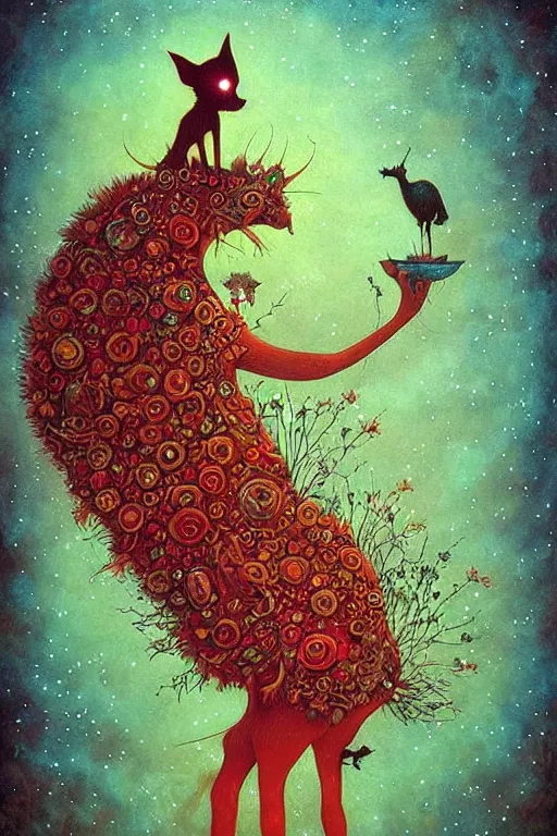 Prompt: surreal hybrid animals, nostalgia for a fairytale, magic realism, flowerpunk, mysterious, vivid colors, by andy kehoe