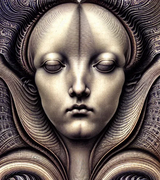 Prompt: detailed realistic beautiful limpet goddess face portrait by jean delville, gustave dore, iris van herpen and marco mazzoni, art forms of nature by ernst haeckel, art nouveau, symbolist, visionary, gothic, neo - gothic, pre - raphaelite, fractal lace, intricate alien botanicals, ai biodiversity, surreality, hyperdetailed ultrasharp octane render