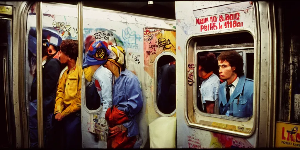 Image similar to new york subway cabin 1 9 8 0 s inside all in graffiti, policeman closeup, coloured film photography, christopher morris photography, bruce davidson photography