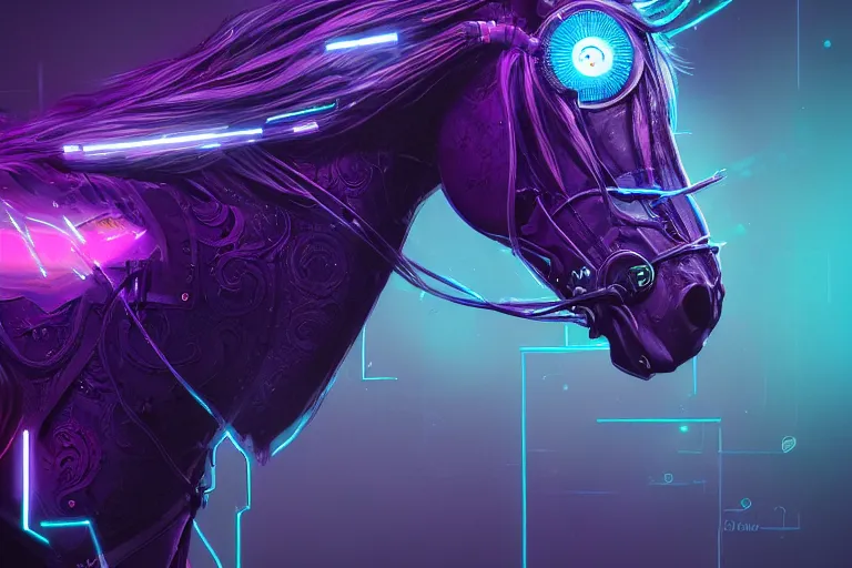 Image similar to a beautiful full body portrait of a cute cyberpunk horse with bioluminescent mane by sandra chevrier and greg rutkowski and wlop, purple blue color scheme, vaporware, retro, outrun, high key lighting, volumetric light, digital art, highly detailed, fine detail, intricate, ornate, complex, octane render, unreal engine, photorealistic