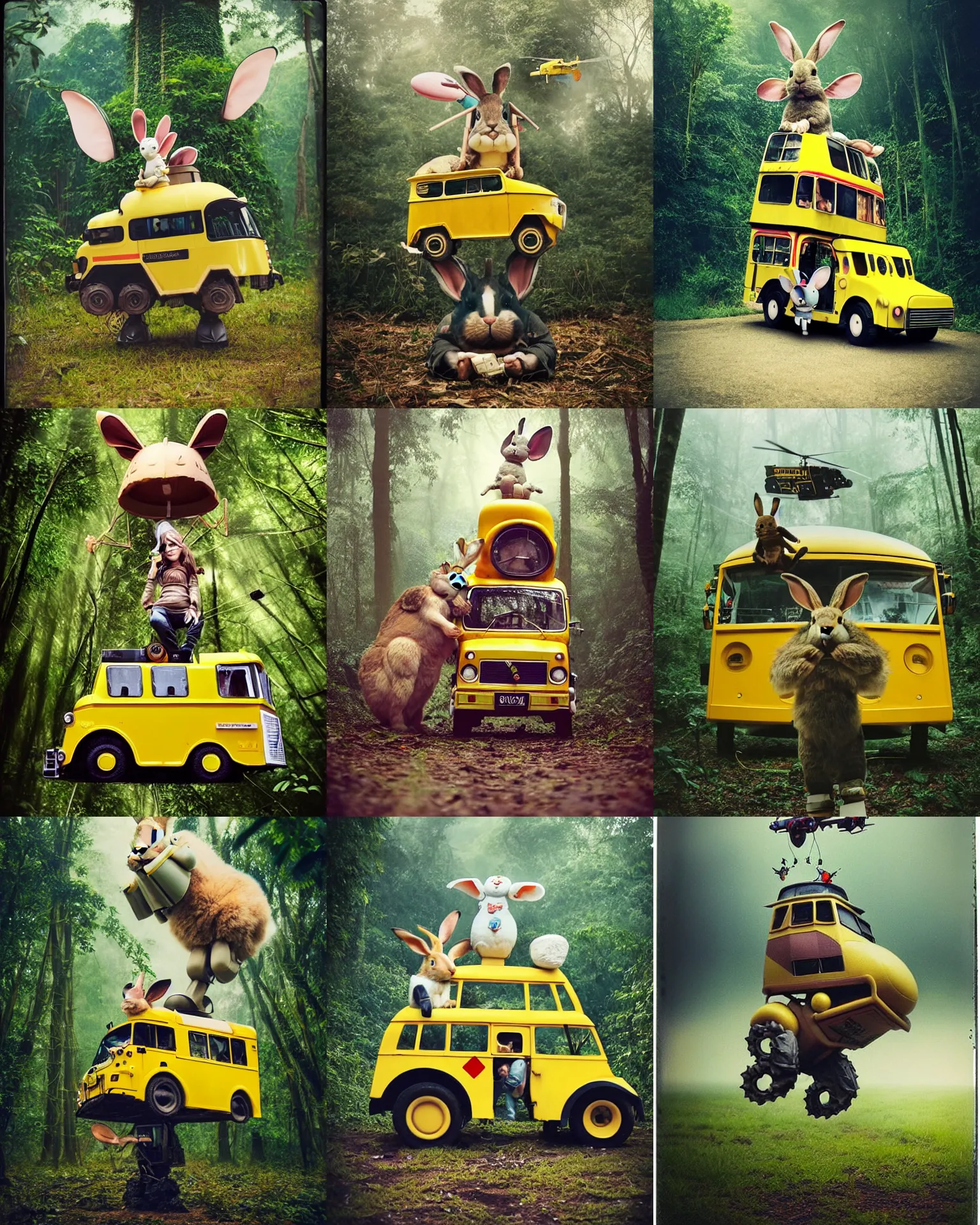 Prompt: attack pose !! giant oversized battle rabbit robot chubby mech baby as yellow double decker bus helicopter with big ears and rabbit , on a jungle forest , full body , Cinematic focus, Polaroid photo, vintage , neutral dull colors, soft lights, foggy ,random weather, by oleg oprisco , by victor enrich