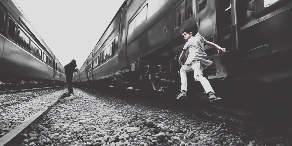 Image similar to a wide shot angle photography of a person trying to jump into a moving train from a platform