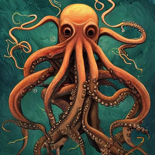 Prompt: A beautifully detailed and creative painting of Cthulhu, with a human-like body, with an octopus-like head whose face was a mass of feelers, a scaly, rubbery-looking body, prodigious claws on hind and fore feet, and long, narrow wings behind, by H.P. Lovecraft, with surrounded by a stormy sea, trending on artstation