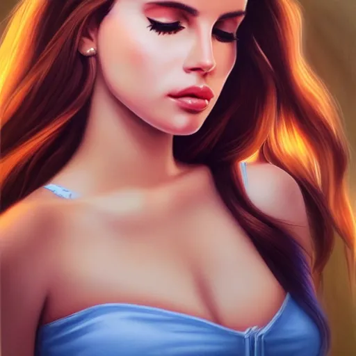 Prompt: beautiful realistic portrait of Lana del Rey by artgerm