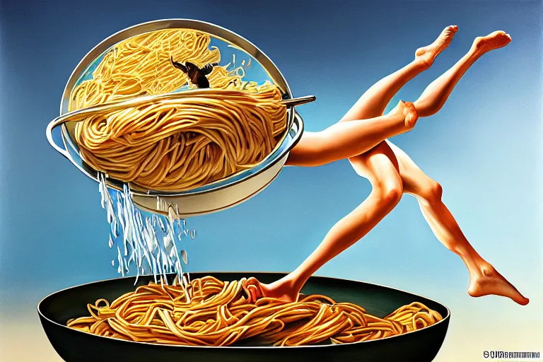 Prompt: olympic diver diving from springoard into a dish of pasta, detailed surrealist art, artgerm