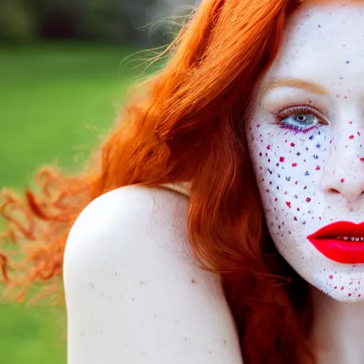 Image similar to close up portrait photograph of the left side of the face of a redhead woman with stars in her irises, red lipstick and freckles. Wavy long hair. she looks directly at the camera. Slightly open mouth, face covers half of the frame, with a park visible in the background. 135mm nikon. Intricate. Very detailed 8k. Sharp. Cinematic post-processing. Award winning portrait photography