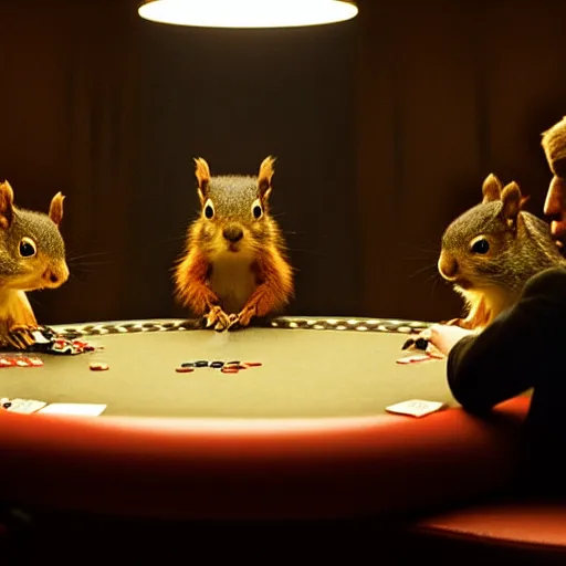 Prompt: still picture of a meeting of squirrels playing poker, dramatic lighting, perfect movie shot, macro, by Roger Deakins, by Andrew Thomas Huang