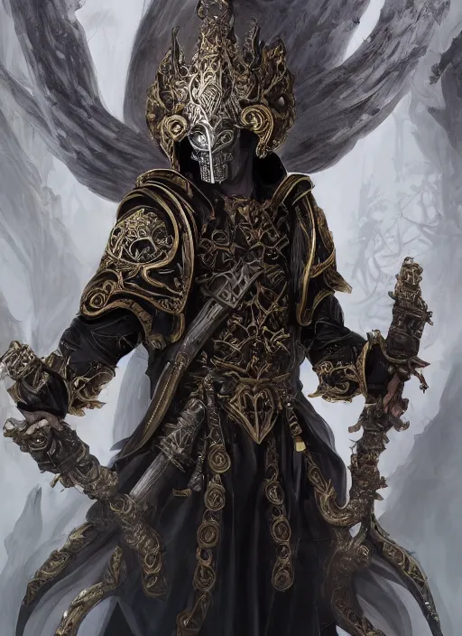 Prompt: high intricate male priest with white baroque armor and black garment, demon lord, ancient forest, maria panfilova, andrea savchenko, mike kime, ludovic plouffe, qi sheng luo, oliver cook, trending on artstation