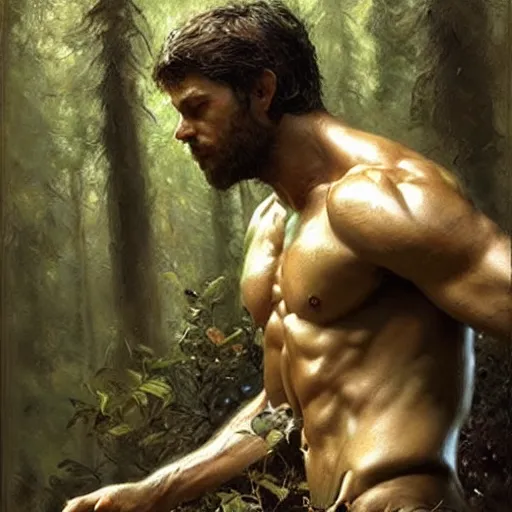 Image similar to god of the forest, 30 years old, playful, male, muscular, detailed face, thighs!!!! gorgeous, amazing, muscular, intricate, highly detailed, painting by Gaston Bussiere, Craig Mullins