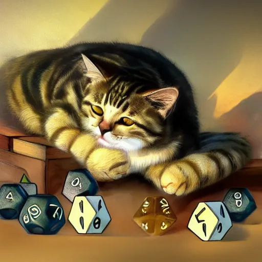 Image similar to tabby cat lying in a sunbeam, the cat is next to a pile of D&D polyhedral dice, the cat is sleeping, Artstation, cozy, golden hour