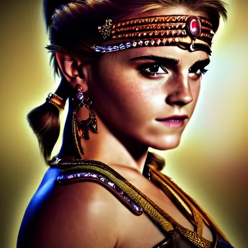 Image similar to Emma Watson modeling as Urbosa from Zelda, (EOS 5DS R, ISO100, f/8, 1/125, 84mm, postprocessed, crisp face, facial features)