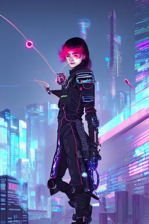 Image similar to portrait futuristic adorable cyberpunk young female archer, in futuristic stormy thunder light tokyo rooftop cyberpunk night, ssci-fi, fantasy, intricate, very very beautiful, elegant, neon light, highly detailed, digital painting, artstation, concept art, soft light, hdri, smooth, sharp focus, illustration, art by tian zi and craig mullins and WLOP and alphonse mucha