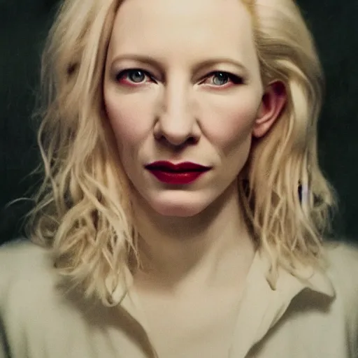 Image similar to realistic expired kodak film portrait of albino kate blanchett mix, hyperrealism, hypermaximalism, photorealistic, detailed, atmospheric, 8 k, award winning photography, cinematic