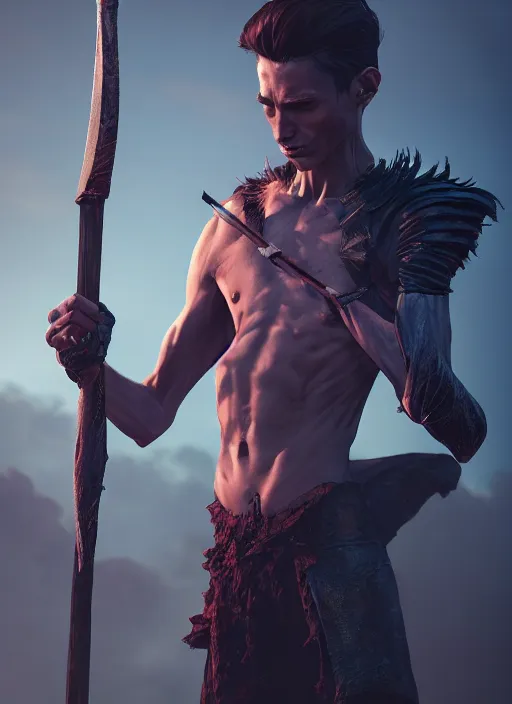 Image similar to an epic fantasy comic book style portrait painting of a skinny, lean and cruel man with a club, unreal 5, daz, hyperrealistic, octane render, cosplay, rpg portrait, dynamic lighting