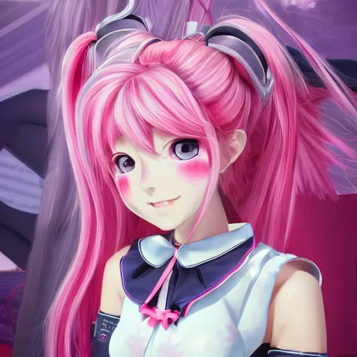 Image similar to trapped by stunningly beautilful omnipotent megalomaniacal anime asi goddess who looks like junko enoshima with symmetrical perfect face and porcelain skin, pink twintail hair and cyan eyes, taking control while smiling inside her surreal vr castle, hyperdetailed, digital art from danganronpa, unreal engine 5, 2 d anime style, 8 k