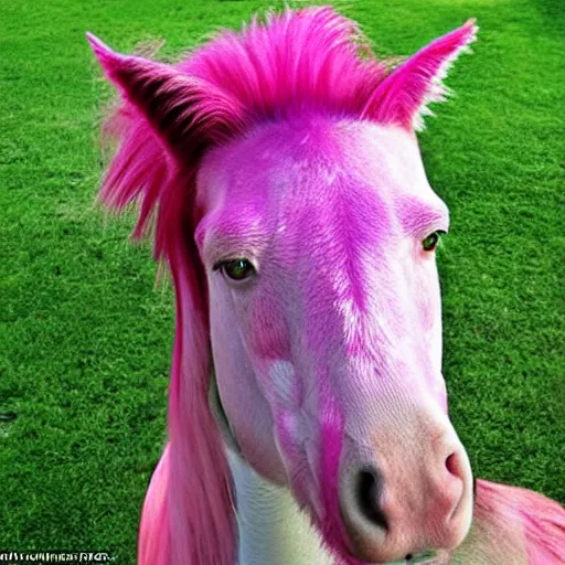 Image similar to hybrid between Jim Carrey and a pink horse, Jim Carrey mixed with a pink horse, shocked expression