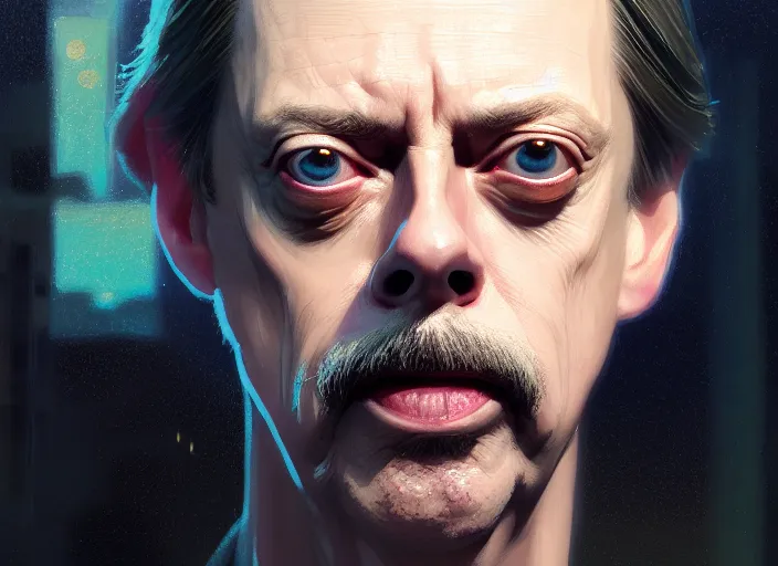 Image similar to a film still portrait of steve buscemi wizard, finely detailed features, closeup of face, cinematic lighting, perfect art, night cyberpunk city, intricate, anime, gapmoe grimdark, artstation, trending on pixiv fanbox, painted by greg rutkowski makoto shinkai takashi takeuchi studio ghibli, akihiko yoshida, 4 k