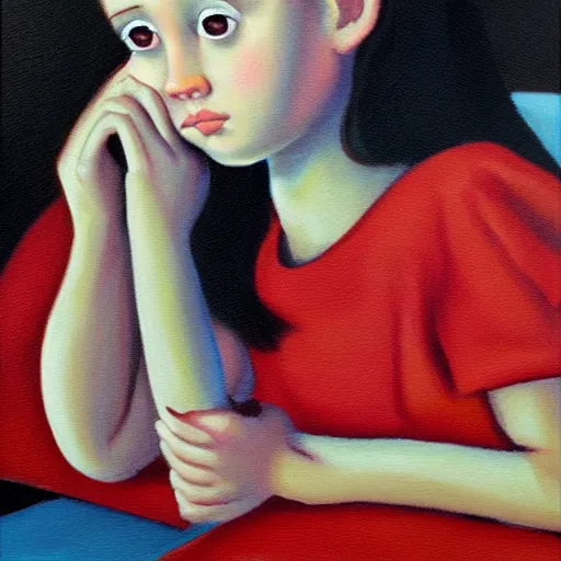 Image similar to orphan girl pondering a taco. oil on canvas painting by margaret keane.