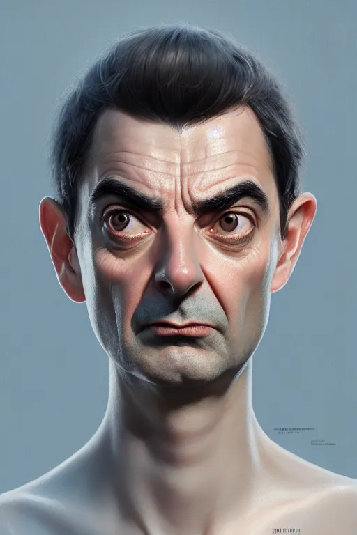 Image similar to highly detailed portrait of an elegant mr bean, ornate crown, beautiful symmetrical face, glowing skin, digital painting, artstation, concept art, smooth, clear focus, illustration, greg rutkowski, artgerm, global lighting, detailed and fantasy