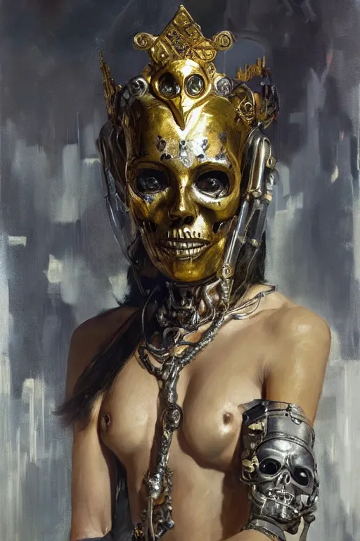 Image similar to beautiful expressive oil painting portrait of ancient god queen, silver exoskeleton, with a gold skull mask, cyberpunk, alien semiotic symbols, art by anders zorn, wonderful masterpiece by greg rutkowski, beautiful cinematic light, american romanticism by greg manchess, jessica rossier