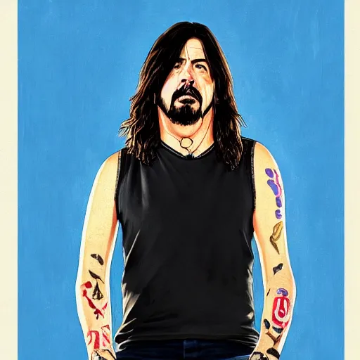 Prompt: dave grohl in gta v covert art painted by stephen bliss, centered, uncropped, full body, symmetrical face