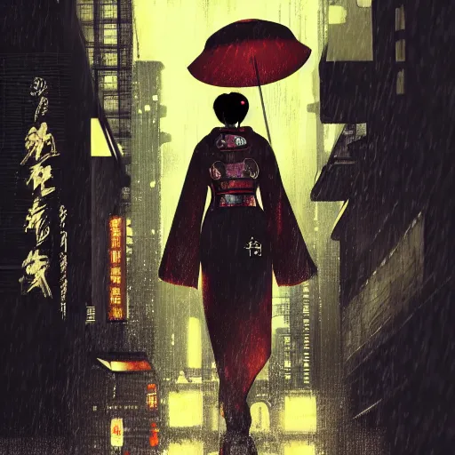 Prompt: high detailed geisha in a cyberpunk rainy city at night with a torii in the background by , high quality, 4K, UHD, trending on ArtStation, blade runner vibes, ghost in the shell