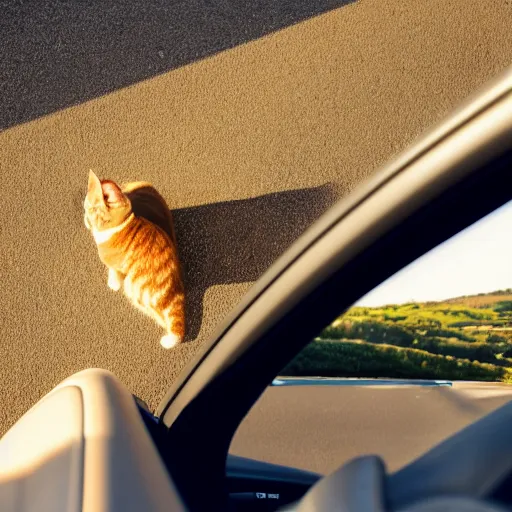 Prompt: cat behind the steering wheel of a cabriolet, seen from above, golden hour, front top side view, golden ratio, idyllic setting