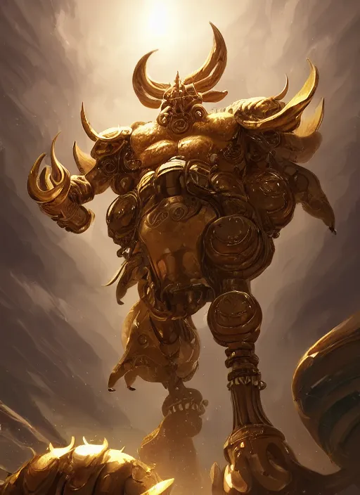 Image similar to a highly detailed illustration of gentle colossal golden horned greek mechanical giant, with cute doting eyes, intricate, elegant, highly detailed, centered, digital painting, artstation, concept art, smooth, sharp focus, league of legends concept art, wlop.