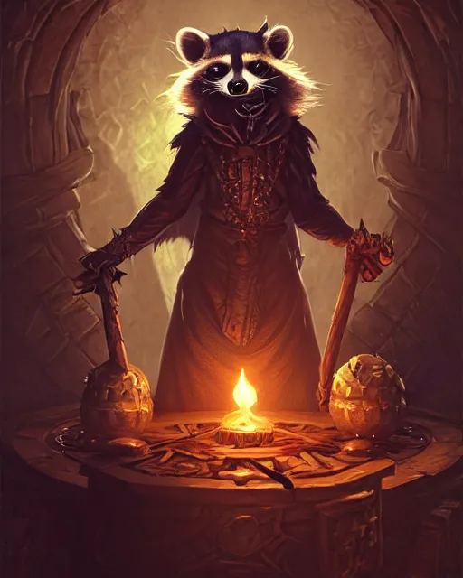 Image similar to anthropomorphic royal warlock raccoon casting a spell in a dungeon, dark souls, d & d, fantasy, intricate, action pose, elegant, highly detailed, digital painting, artstation, concept art, matte, sharp focus, illustration, hearthstone, art by artgerm, wlop, greg rutkowski and alphonse mucha