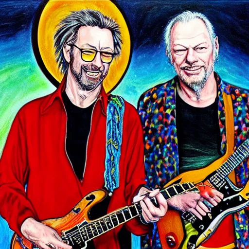 Prompt: portrait of eric clapton with david gilmour, joyful, highly detailed painting by akira toriyama, 8 k