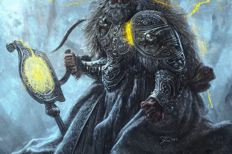 Image similar to mythological Odin all father god of thunder and artificial intelligence creating an artificial neural network with yellow synapses on an anvil in the ethereal city of valhalla, high resolution, award winning art, trending on art station, sharp image, incredibly detailed, odin all father detailed character realistic painting