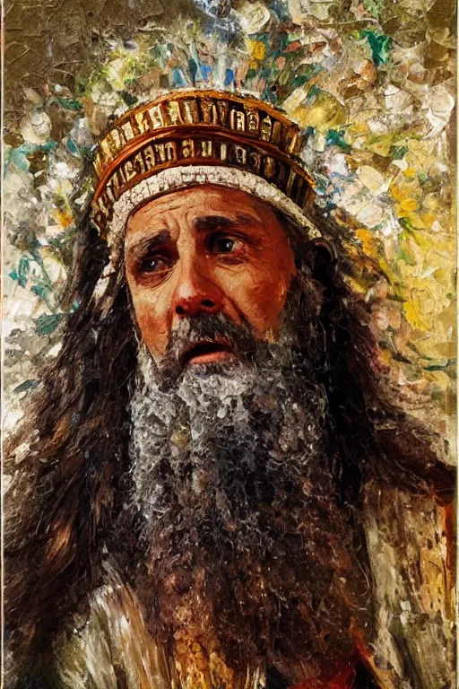 Image similar to highly detailed palette knife oil painting of a historically accurate depiction of the ancient biblical israeli king solomon, wealthy, wise, by Peter Lindbergh, impressionistic brush strokes, painterly brushwork