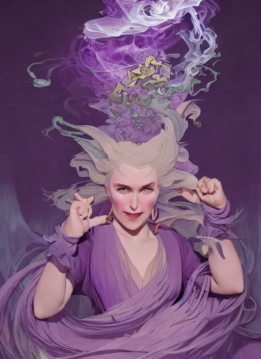 Image similar to madam mim, ugly! purple smoke aura in motion, floating pieces, painted art by tsuyoshi nagano, greg rutkowski, artgerm, alphonse mucha, spike painting