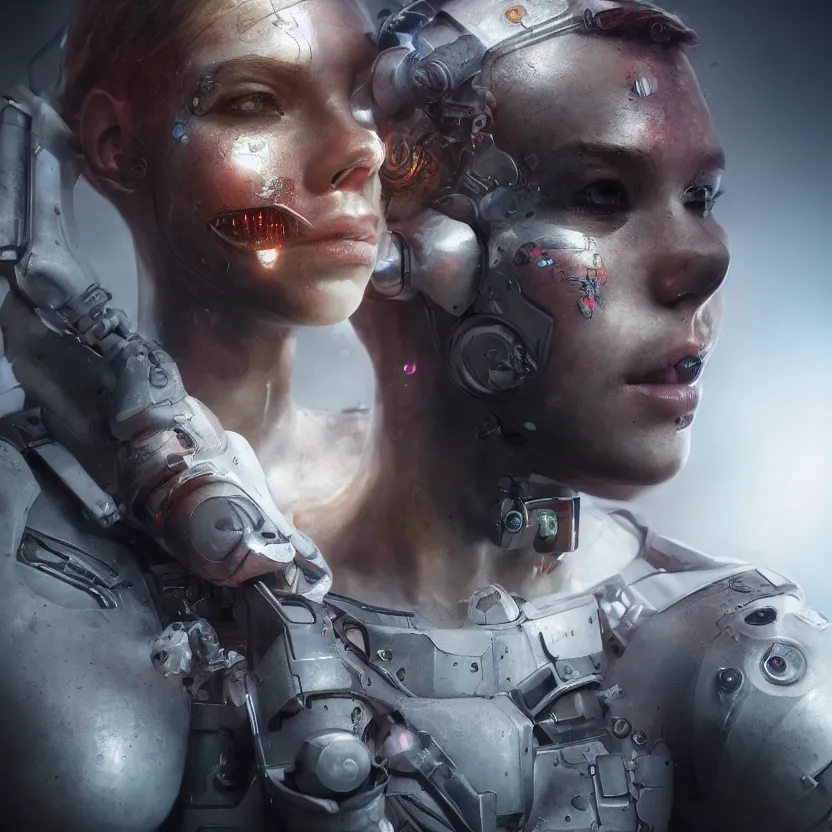Image similar to hyperrealistic mixed media photo of a cyborg girl, dim volumetric lighting, 8 k octane beautifully detailed render, post - processing, portrait, epic composition, cinematic lighting, masterpiece, trending on artstation, very very detailed, stunning
