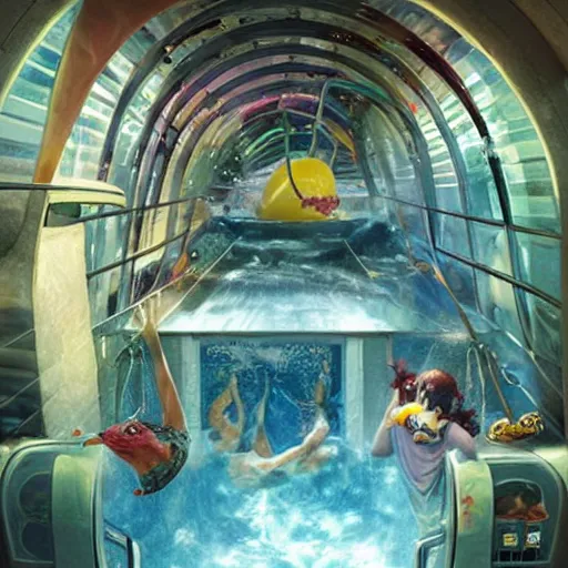 Prompt: waterpark inside a fridge with leftovers and waterslides painting by brain froud, charles vess, cinematic lighting, epic composition, highly detailed