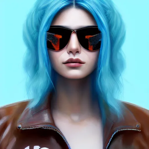 Image similar to closeup painting of a very beautiful young mexican cyberpunk woman smirking, wearing light blue shades and a leather jacket, one side haircut, long brown hair with light blue ends, portrait, hyperdetailed, artstation, cgsociety, 8 k