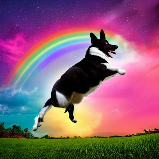 Image similar to a black and white corgi jumping over a sunset moon with a rainbow galaxy background detailed render 8 k