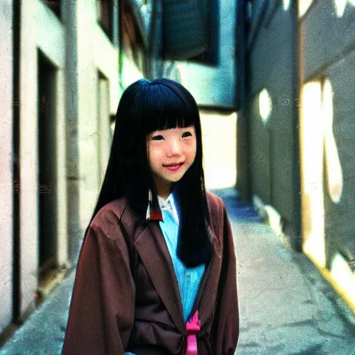 Image similar to 1990s perfect 8K HD professional photo of close-up japanese schoolgirl posing in sci-fi dystopian alleyway, at instagram, Behance, Adobe Lightroom, with instagram filters, depth of field, taken with polaroid kodak portra