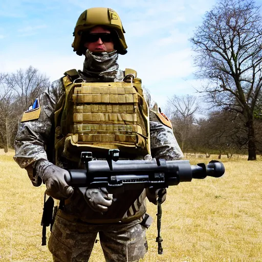 Image similar to a sheep in special forces gear, plate carrier, m 4 rifle, combat helmet