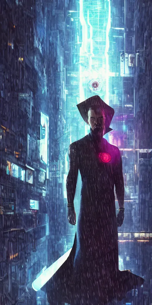 Image similar to cyberpunk, dr strange, photograph, cyborg, robot,, cinematic,