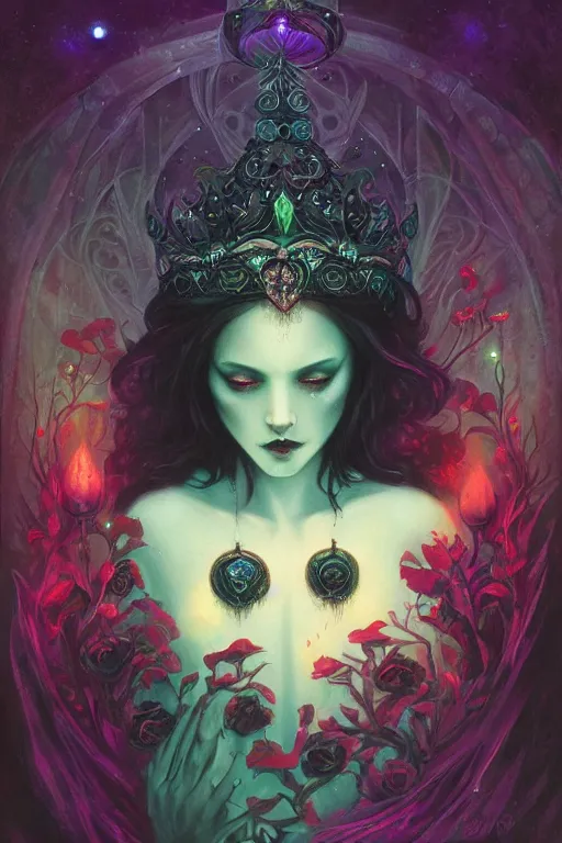 Image similar to jeweled Crown, other worldly, dark fae court, black roses, vivid colors, art nouveau, by Anato Finnstark, Tom Bagshaw, Brom