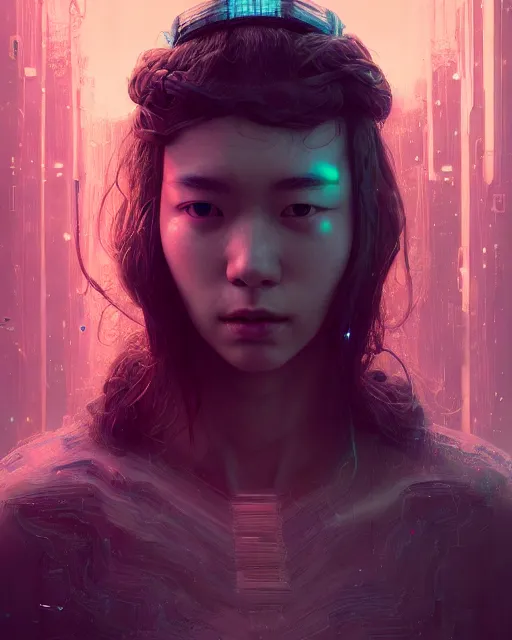 Image similar to mand with long hair finally getting samsung 2 2, sci - fi, missing panels, intricate abstract upper body intricate artwork, full body, by tooth wu, wlop, beeple, dan mumford. concept art, octane render, deviantart, greg rutkowski, cinematic, key art, hyperrealism, iridescent accents