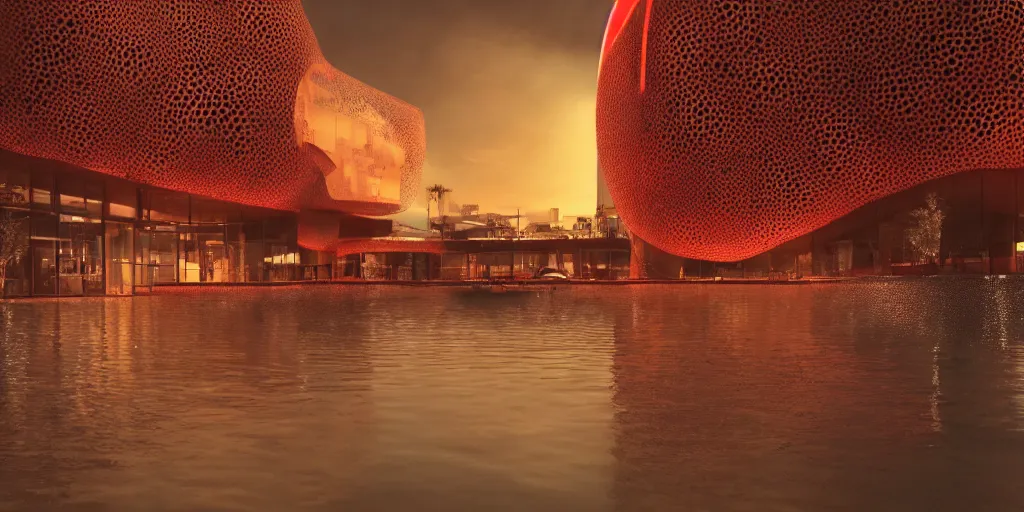 Image similar to An epic architectural rendering of a blob shaped trypophobia house with a mysterious red glow emitting from inside in a modern cityscape next to a river, stunning, gorgeous, golden ratio, photorealistic, featured on artstation, 4k resolution