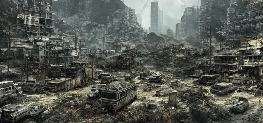 Image similar to A photorealistic and highly detailed landscape of post apocalyptic Hong Kong set in the Fallout Universe