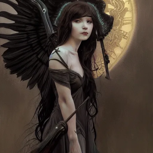 Prompt: the grim reaper as a gorgeous young girl, dark fantasy, intricate, very huge elaborate scythe, very huge black angel wings, elegant, highly detailed, digital painting, artstation, concept art, wallpaper, smooth, sharp focus, illustration, art by artgerm and greg rutkowski and alphonse mucha